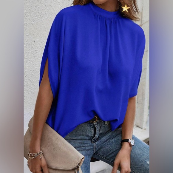 Boho tie back batwing sleeve top royal blue - Picture 1 of 11